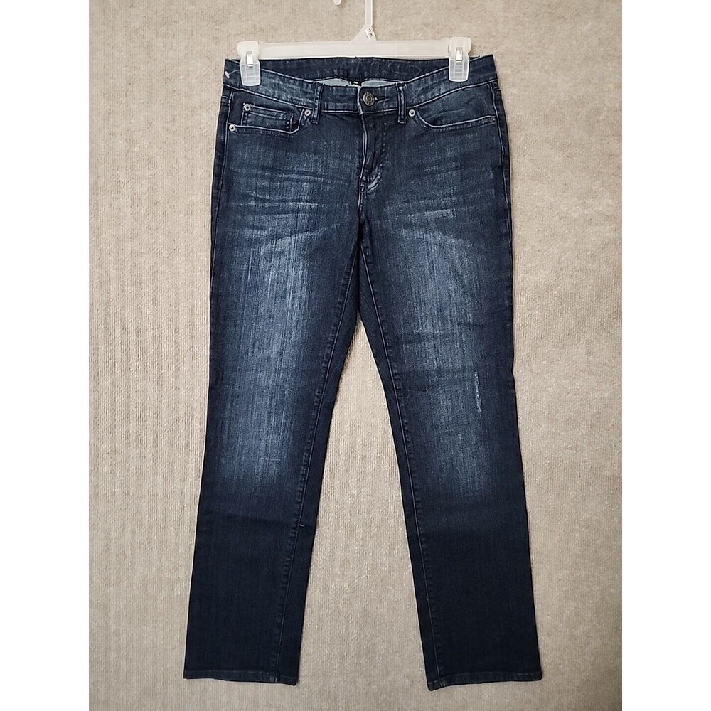 Gap Premium Straight Jeans Womens 10 30 Short Blue Dark Wash Distressed